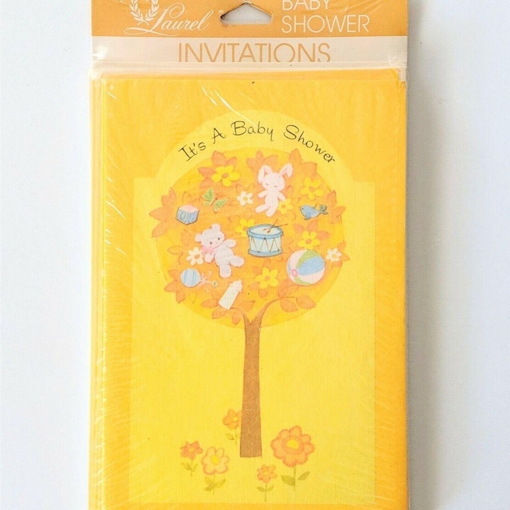 5/$15 Vintage Baby Shower Party Invitations Laurel Yellow Tree 8 Cards